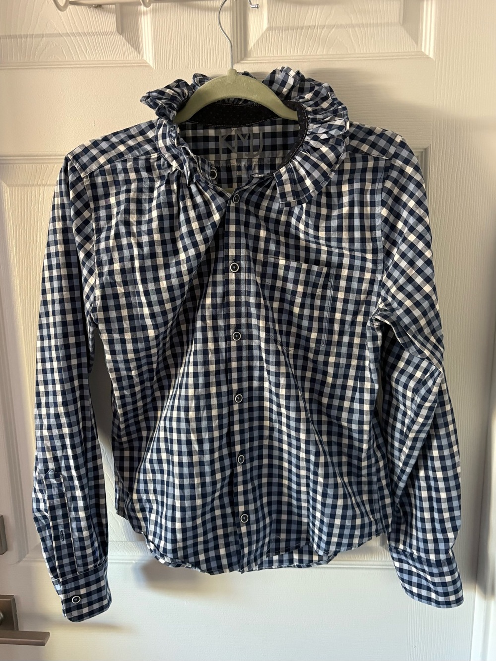 KMJ Kate McHale Jensen Upcycled Gingham Ruffle Neck Blouse Shirt Navy Small